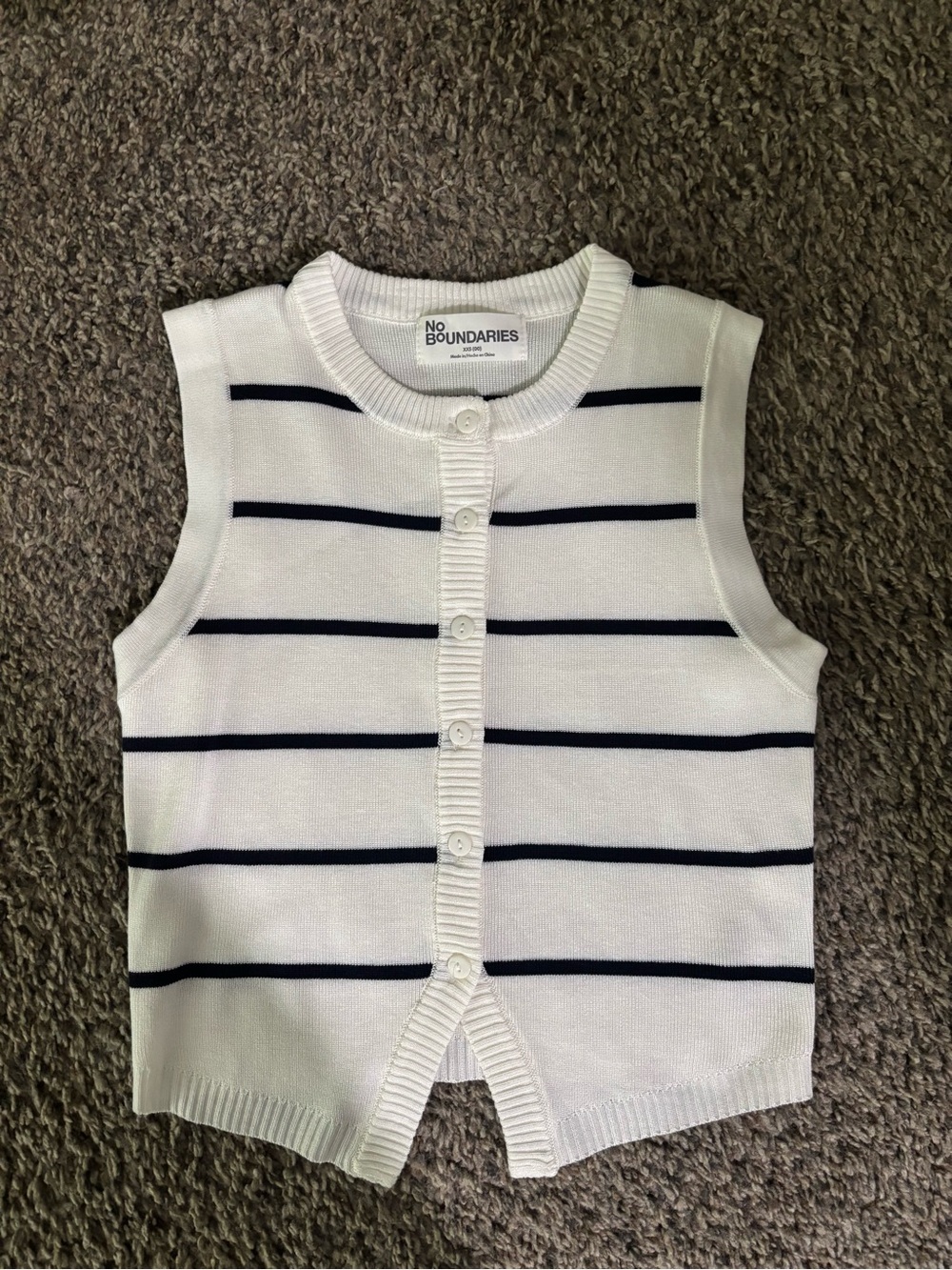 No Boundaries White Sleeveless Button-Up Knit Top with Navy Stripes